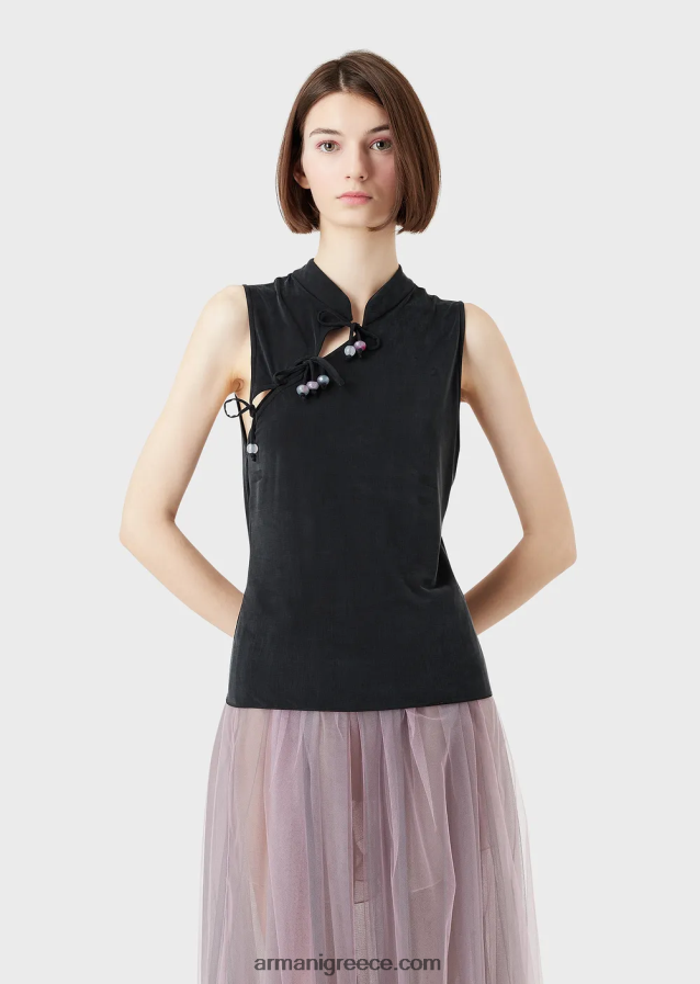 γυναίκες Armani μπλουζάκι cupro με γιακά γκουρού, άνοιγμα και γραβάτες 4046R6381 μαύρος