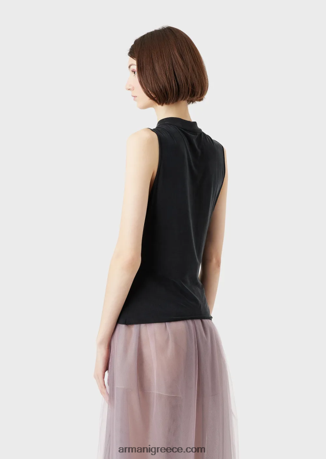 γυναίκες Armani μπλουζάκι cupro με γιακά γκουρού, άνοιγμα και γραβάτες 4046R6381 μαύρος