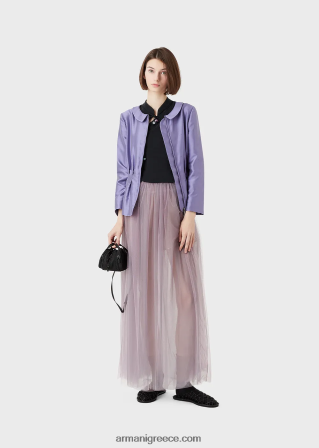 γυναίκες Armani μπλουζάκι cupro με γιακά γκουρού, άνοιγμα και γραβάτες 4046R6381 μαύρος