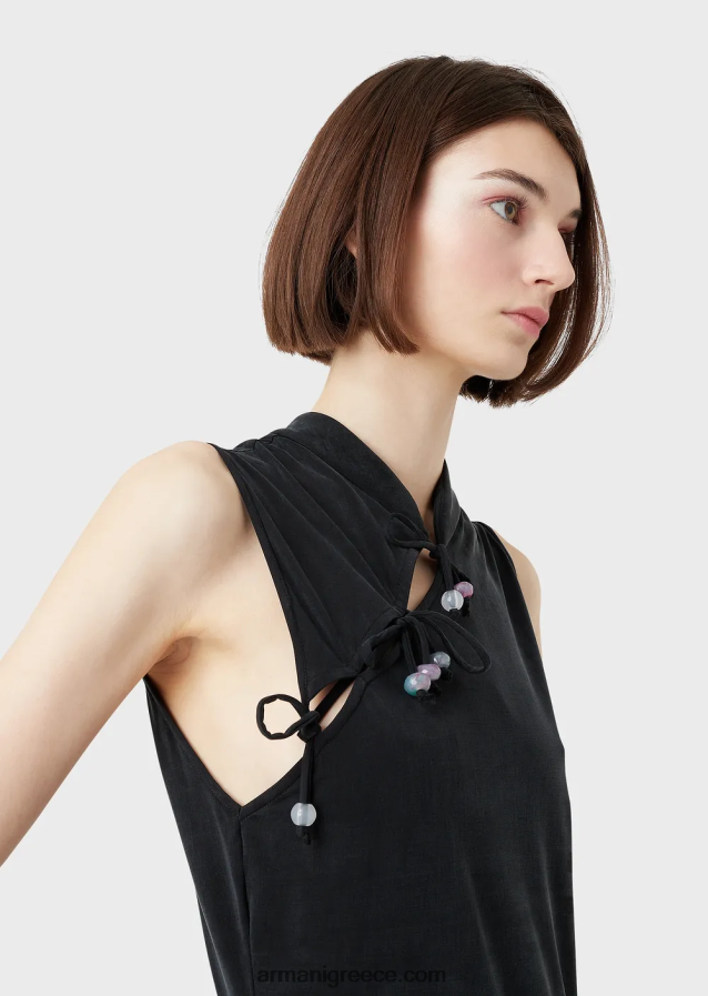 γυναίκες Armani μπλουζάκι cupro με γιακά γκουρού, άνοιγμα και γραβάτες 4046R6381 μαύρος