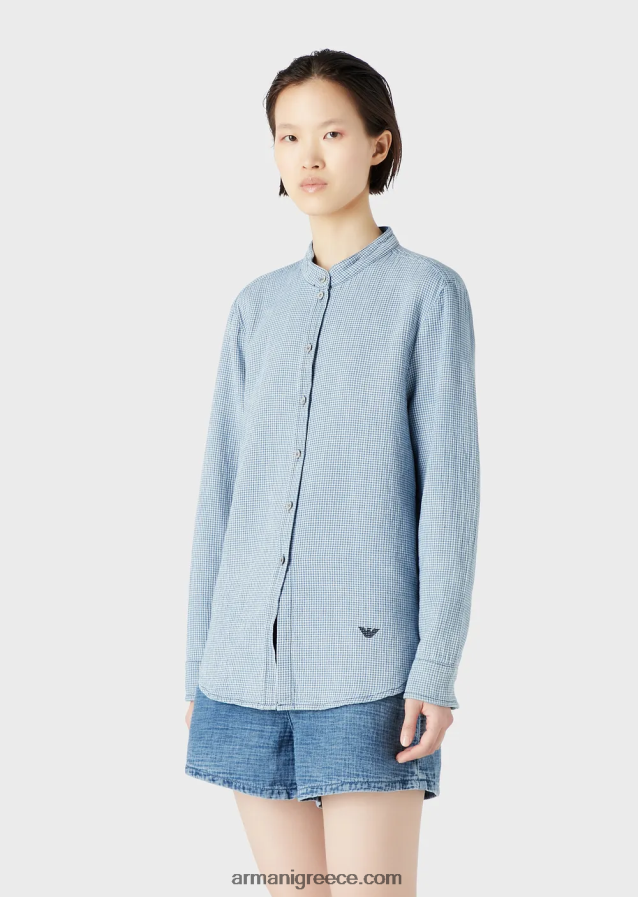 γυναίκες Armani τζιν πουκάμισο gingham με γιακά γκουρού 4046R6392 πρότυπο
