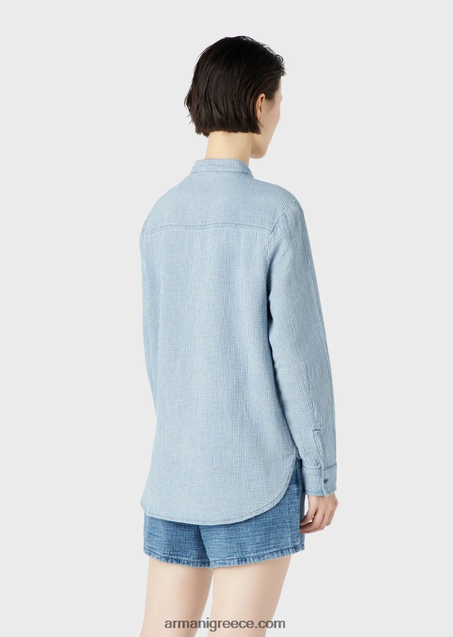 γυναίκες Armani τζιν πουκάμισο gingham με γιακά γκουρού 4046R6392 πρότυπο