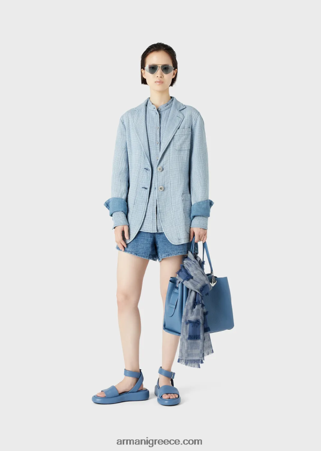 γυναίκες Armani τζιν πουκάμισο gingham με γιακά γκουρού 4046R6392 πρότυπο