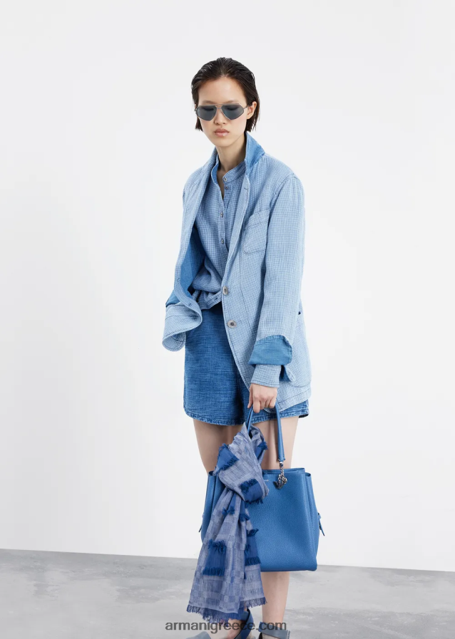 γυναίκες Armani τζιν πουκάμισο gingham με γιακά γκουρού 4046R6392 πρότυπο