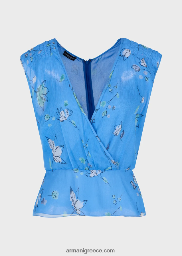 γυναίκες Armani στυλιζαρισμένο λουλούδι μοτίβο μεταξωτό τοπ κρεπόν με χιαστί v λαιμό 4046R6357