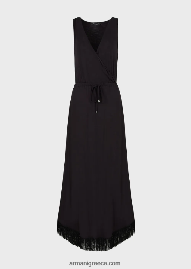 γυναίκες Armani βισκόζ μακρύ φόρεμα παραλίας με κρόσσια 4046R616 μαύρος