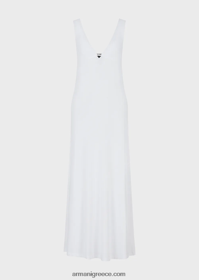 γυναίκες Armani Μακρύ φόρεμα παραλίας με λαιμόκοψη με στρετς βισκόζη 4046R621 άσπρο