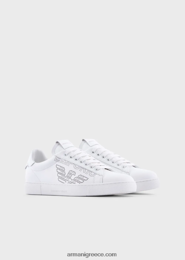 γυναίκες Armani δερμάτινα αθλητικά παπούτσια με διάτρητο λογότυπο 4046R6544 άσπρο