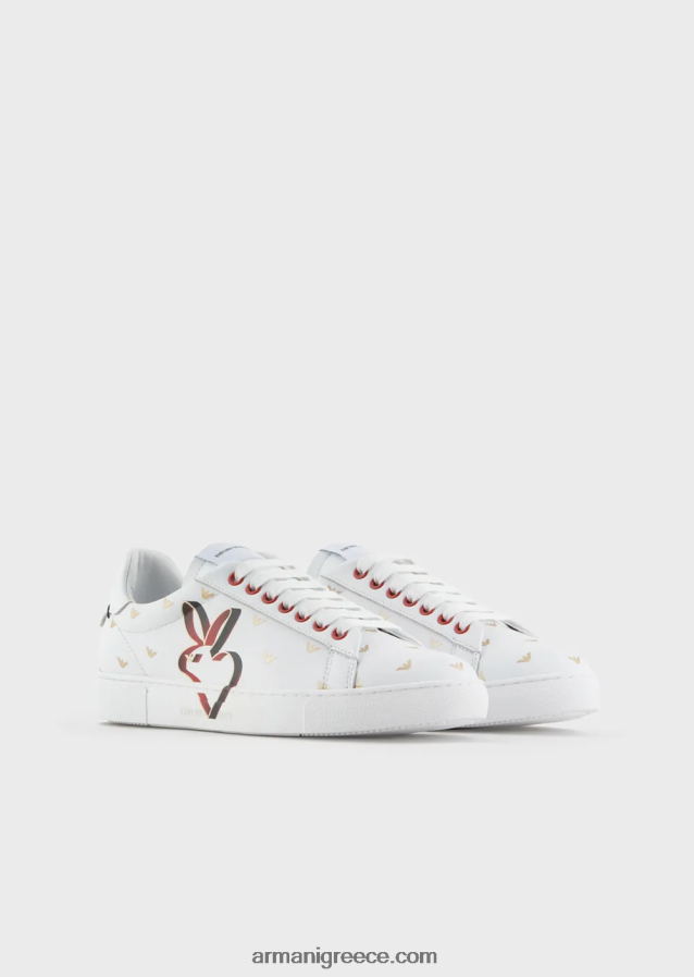 γυναίκες Armani δερμάτινα αθλητικά παπούτσια με στάμπα κουνελιού 4046R6548 άσπρο