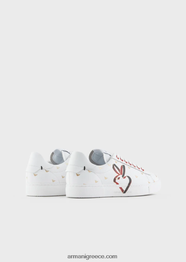 γυναίκες Armani δερμάτινα αθλητικά παπούτσια με στάμπα κουνελιού 4046R6548 άσπρο