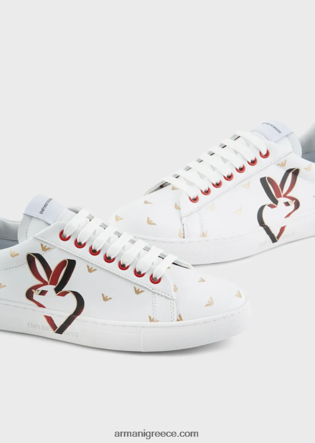 γυναίκες Armani δερμάτινα αθλητικά παπούτσια με στάμπα κουνελιού 4046R6548 άσπρο