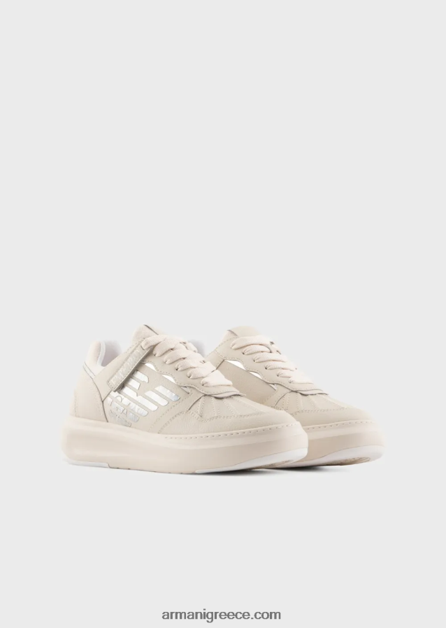 γυναίκες Armani δερμάτινα πάνινα παπούτσια με πλαστικοποιημένο αετό 4046R6560 γαλακτώδες λευκό