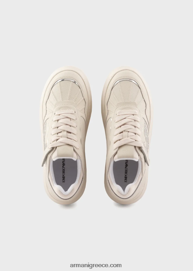 γυναίκες Armani δερμάτινα πάνινα παπούτσια με πλαστικοποιημένο αετό 4046R6560 γαλακτώδες λευκό