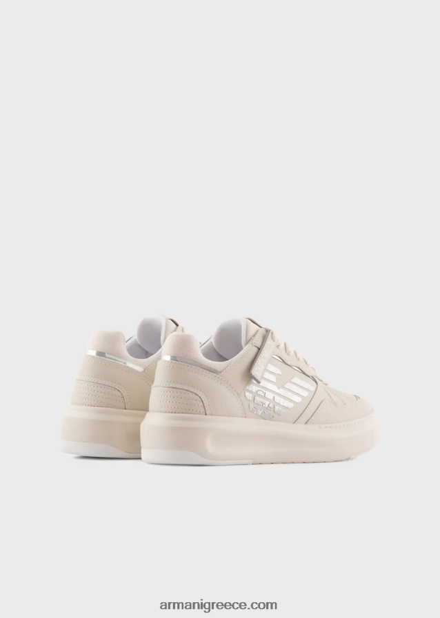 γυναίκες Armani δερμάτινα πάνινα παπούτσια με πλαστικοποιημένο αετό 4046R6560 γαλακτώδες λευκό