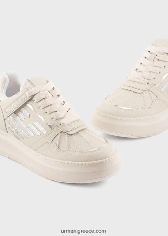 γυναίκες Armani δερμάτινα πάνινα παπούτσια με πλαστικοποιημένο αετό 4046R6560 γαλακτώδες λευκό