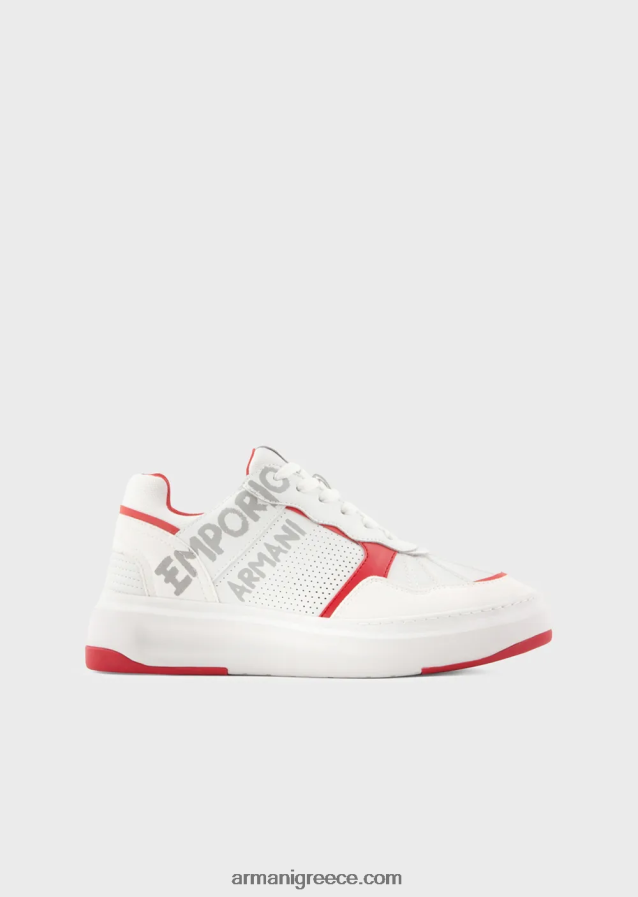 γυναίκες Armani δερμάτινα και νάιλον αθλητικά παπούτσια με λογότυπο πινελιάς 4046R6570 άσπρο