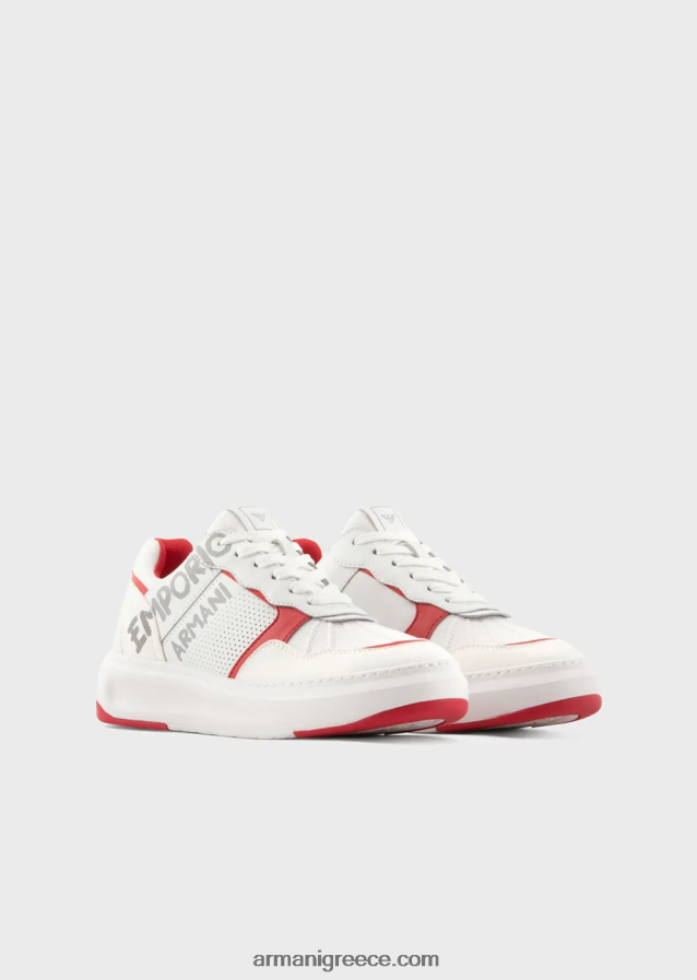 γυναίκες Armani δερμάτινα και νάιλον αθλητικά παπούτσια με λογότυπο πινελιάς 4046R6570 άσπρο