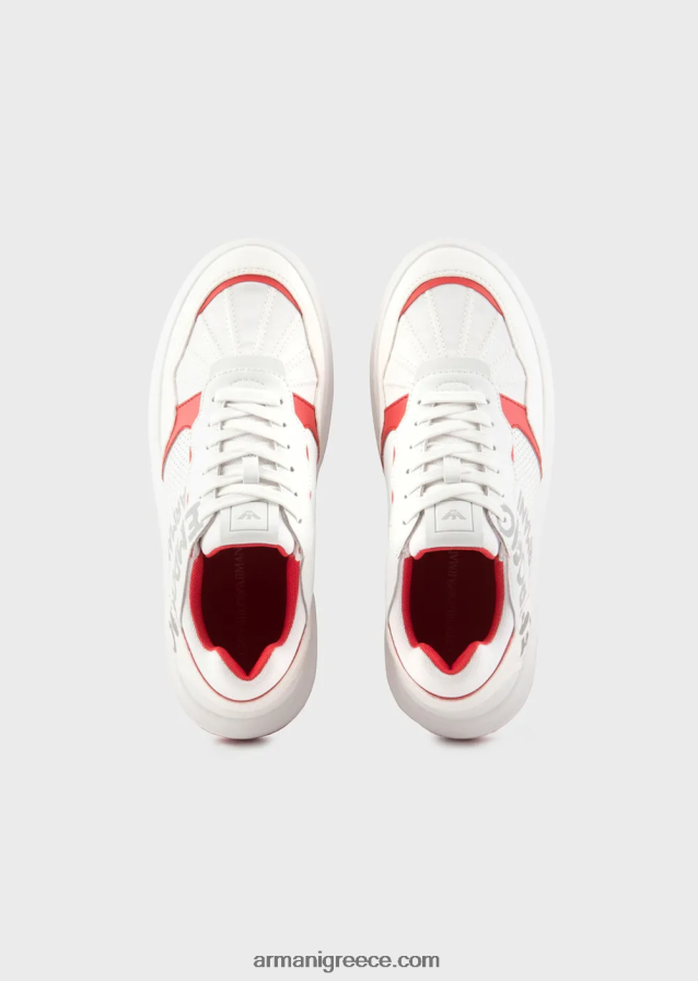 γυναίκες Armani δερμάτινα και νάιλον αθλητικά παπούτσια με λογότυπο πινελιάς 4046R6570 άσπρο