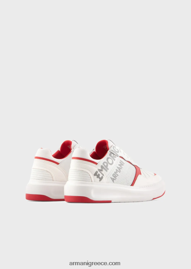 γυναίκες Armani δερμάτινα και νάιλον αθλητικά παπούτσια με λογότυπο πινελιάς 4046R6570 άσπρο