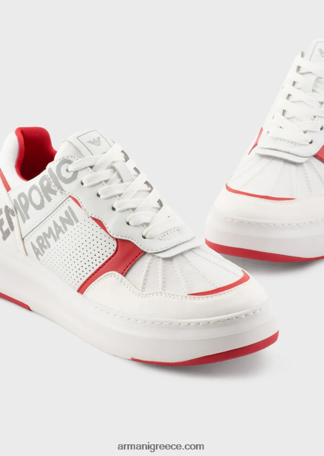 γυναίκες Armani δερμάτινα και νάιλον αθλητικά παπούτσια με λογότυπο πινελιάς 4046R6570 άσπρο