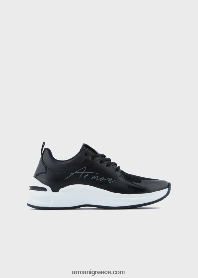 γυναίκες Armani sneakers από δέρμα και διχτυωτό με λογότυπο υπογραφή 4046R6550 μαύρος