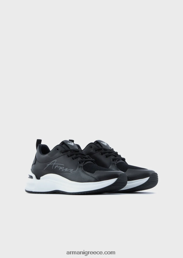 γυναίκες Armani sneakers από δέρμα και διχτυωτό με λογότυπο υπογραφή 4046R6550 μαύρος