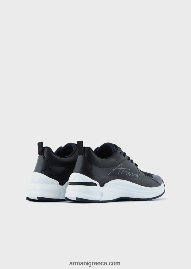 γυναίκες Armani sneakers από δέρμα και διχτυωτό με λογότυπο υπογραφή 4046R6550 μαύρος