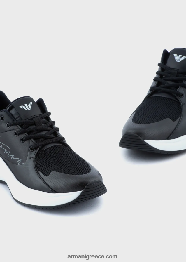 γυναίκες Armani sneakers από δέρμα και διχτυωτό με λογότυπο υπογραφή 4046R6550 μαύρος