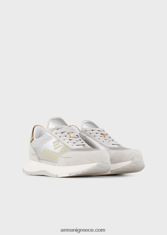 γυναίκες Armani sneakers σουέντ και νάιλον με υπερμεγέθη αετό 4046R6561 ασήμι