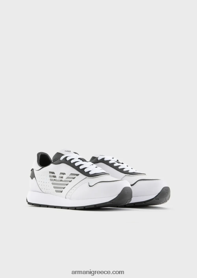 γυναίκες Armani δερμάτινα sneakers με αετό σε αντίθεση 4046R6567 bianco e nero