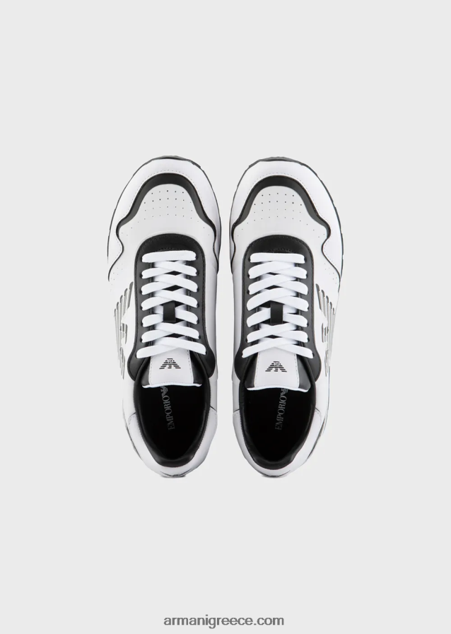 γυναίκες Armani δερμάτινα sneakers με αετό σε αντίθεση 4046R6567 bianco e nero