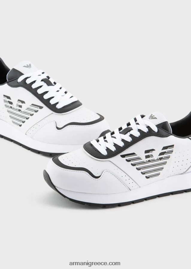 γυναίκες Armani δερμάτινα sneakers με αετό σε αντίθεση 4046R6567 bianco e nero