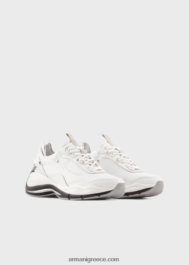 γυναίκες Armani δερμάτινα sneakers με τσαλακωμένες λεπτομέρειες 4046R6572 άσπρο