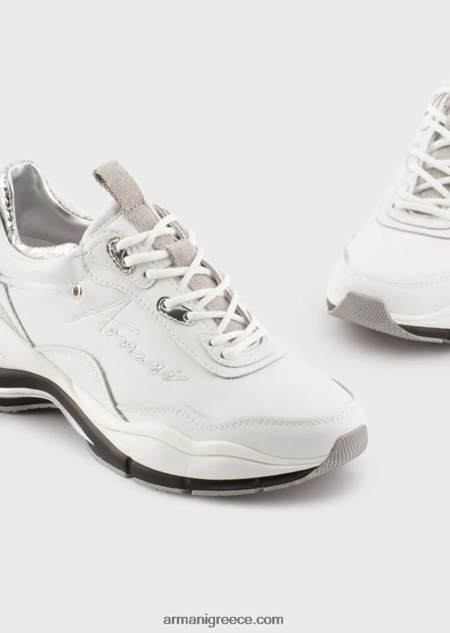 γυναίκες Armani δερμάτινα sneakers με τσαλακωμένες λεπτομέρειες 4046R6572 άσπρο
