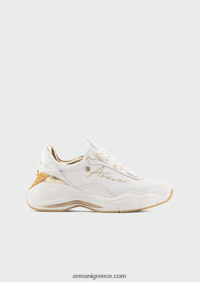 γυναίκες Armani δερμάτινα sneakers με τσαλακωμένες λεπτομέρειες 4046R6573 λευκό λογότυπο