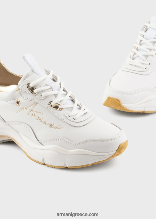 γυναίκες Armani δερμάτινα sneakers με τσαλακωμένες λεπτομέρειες 4046R6573 λευκό λογότυπο
