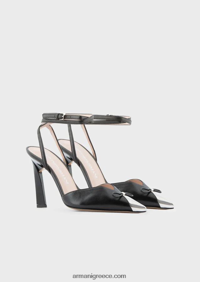 γυναίκες Armani παπούτσια δικαστηρίου με λουριά από δέρμα νάπα με μεταλλικό καπάκι 4046R6506 μαύρος