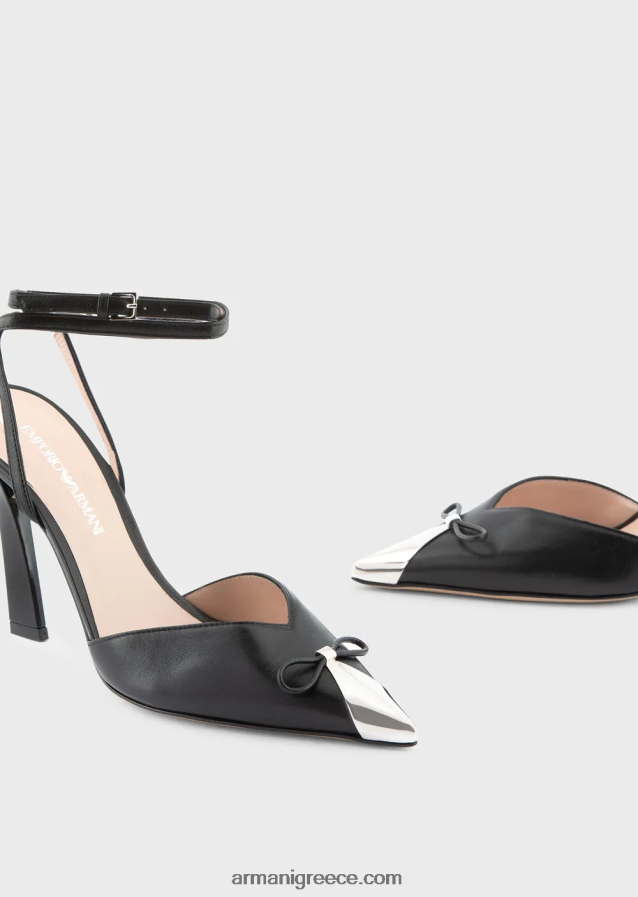 γυναίκες Armani παπούτσια δικαστηρίου με λουριά από δέρμα νάπα με μεταλλικό καπάκι 4046R6506 μαύρος