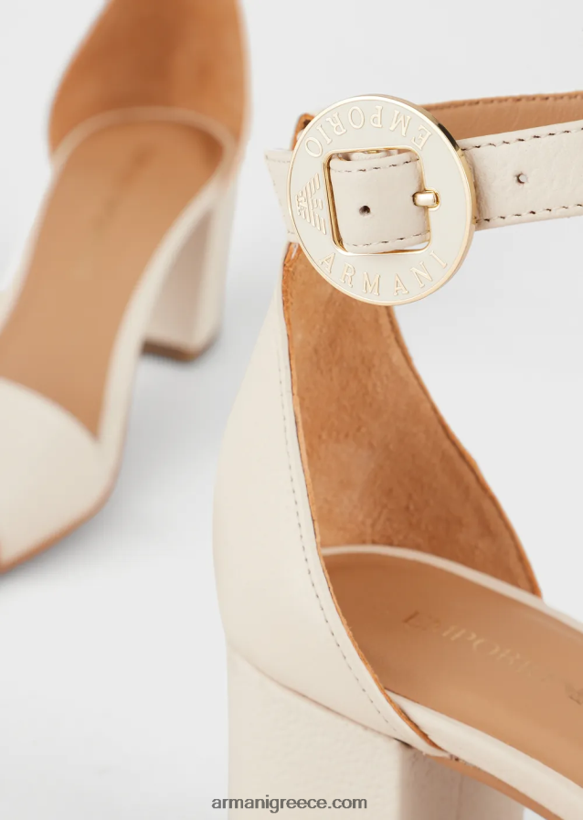 γυναίκες Armani δερμάτινα σανδάλια με τακούνι και λογότυπο μετάλλιο 4046R6515 καφέ