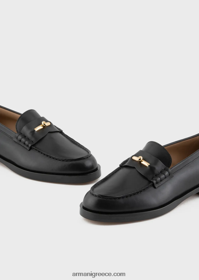 γυναίκες Armani γυαλιστερό δερμάτινο loafers με αναβολέα 4046R6503 μαύρος