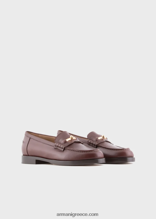 γυναίκες Armani γυαλιστερό δερμάτινο loafers με αναβολέα 4046R6504 καφέ