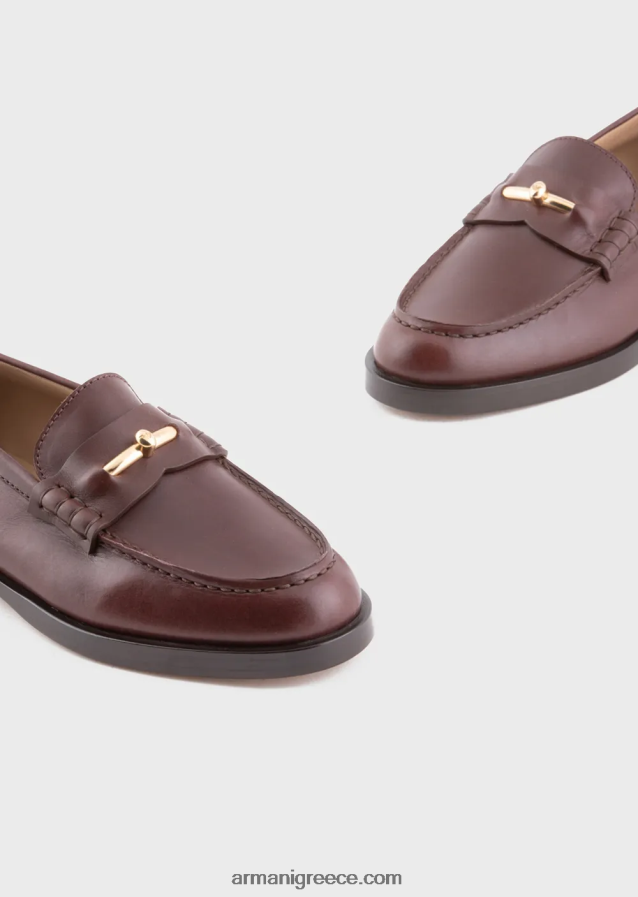 γυναίκες Armani γυαλιστερό δερμάτινο loafers με αναβολέα 4046R6504 καφέ