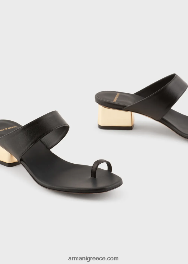 γυναίκες Armani σανδάλια σαγιονάρες από δέρμα νάπα με λαμιναρισμένο τακούνι 4046R6528 μαύρος
