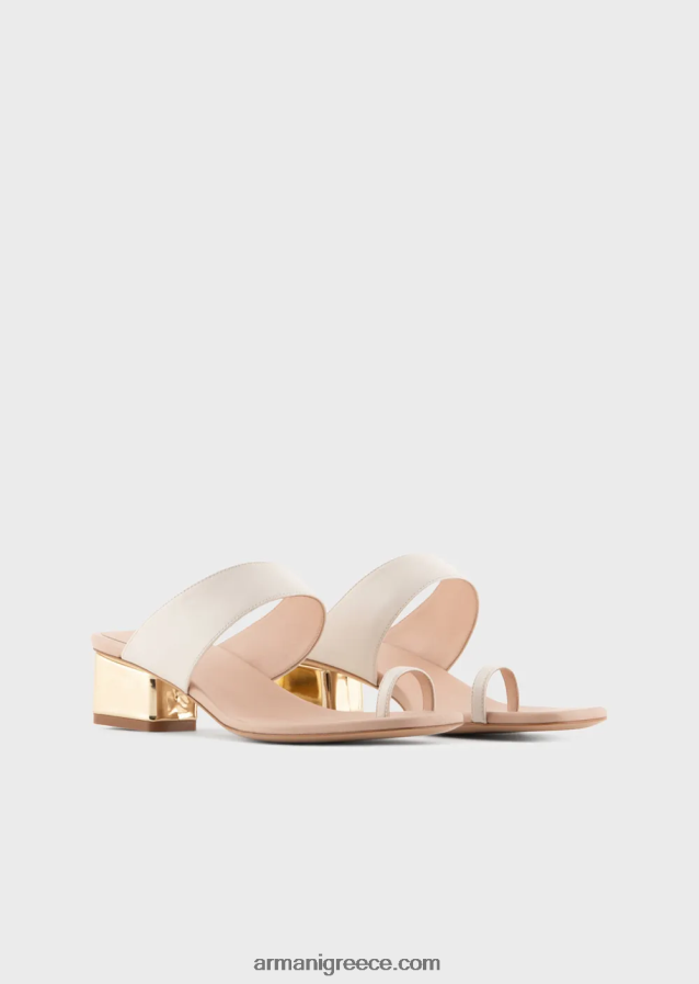 γυναίκες Armani σανδάλια σαγιονάρες από δέρμα νάπα με λαμιναρισμένο τακούνι 4046R6529 γαλακτώδες λευκό