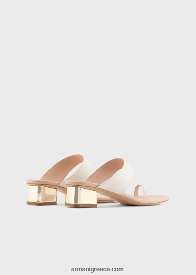 γυναίκες Armani σανδάλια σαγιονάρες από δέρμα νάπα με λαμιναρισμένο τακούνι 4046R6529 γαλακτώδες λευκό
