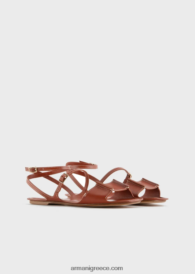 γυναίκες Armani δερμάτινα πέδιλα με διπλό λουράκι 4046R6530 καφέ