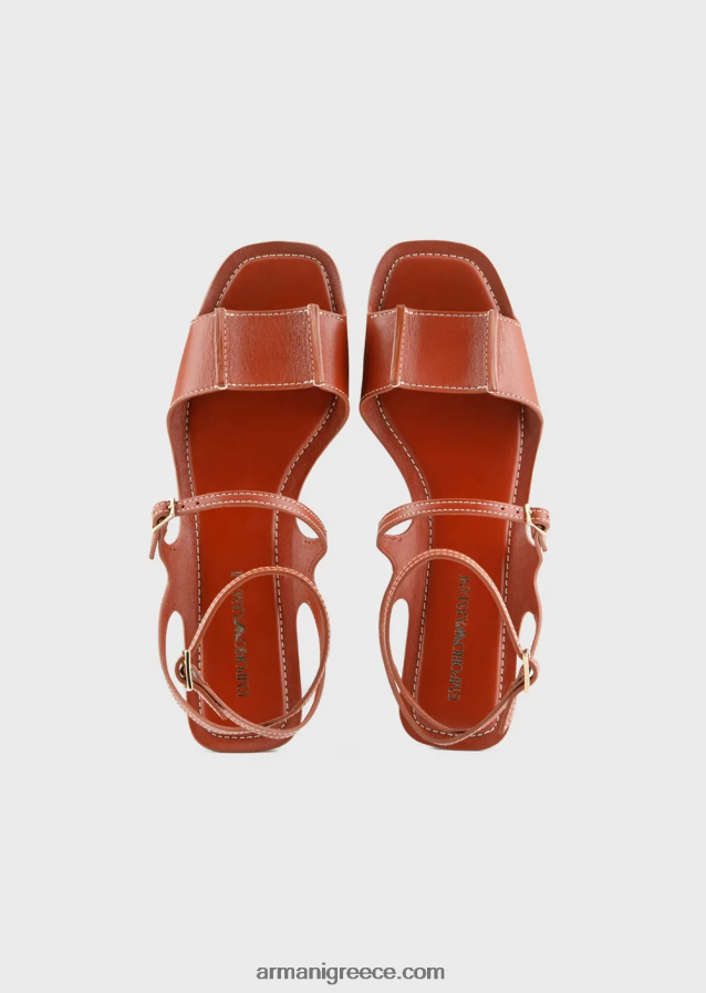 γυναίκες Armani δερμάτινα πέδιλα με διπλό λουράκι 4046R6530 καφέ