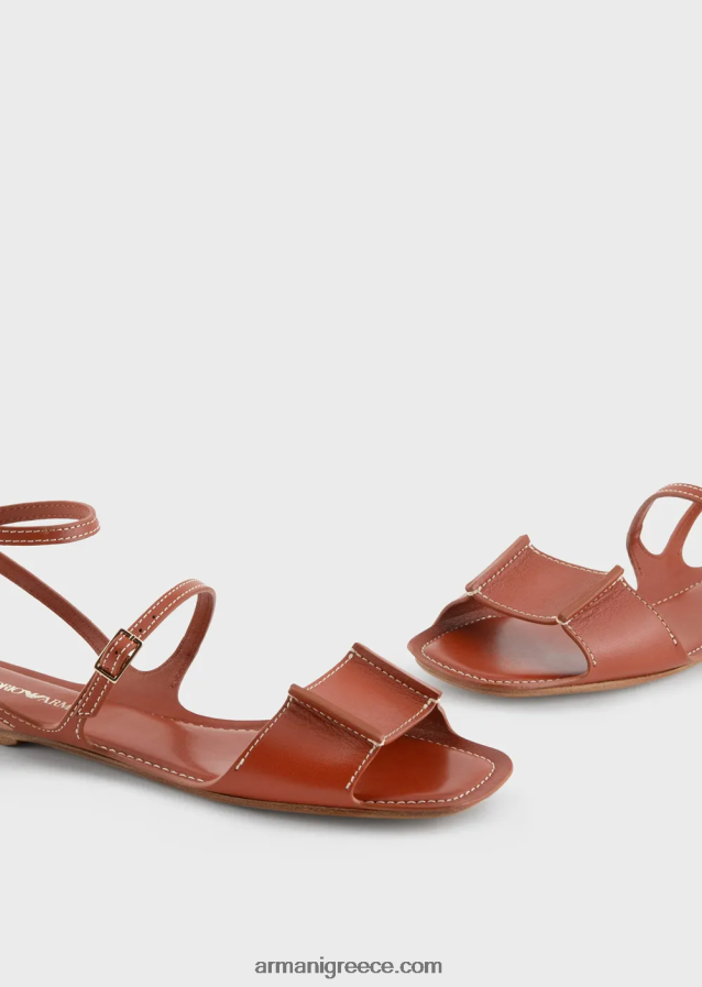 γυναίκες Armani δερμάτινα πέδιλα με διπλό λουράκι 4046R6530 καφέ