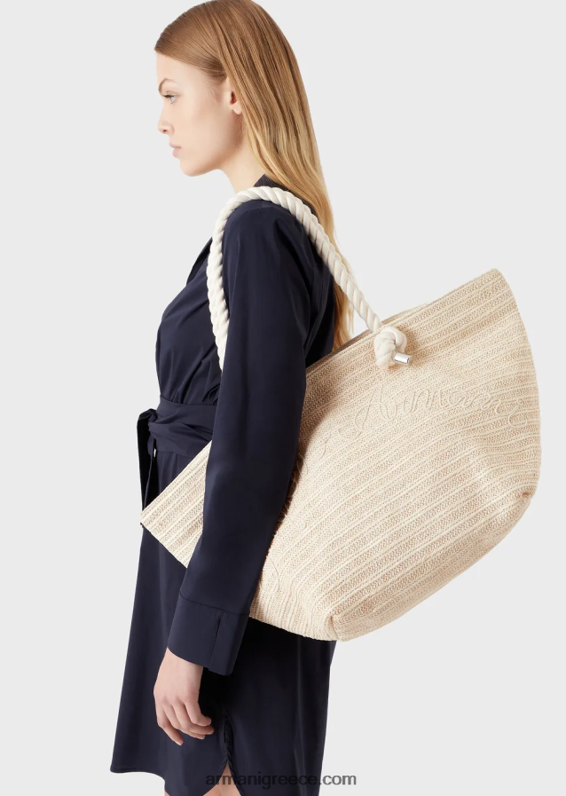 γυναίκες Armani raffia beach shopper bag με κέντημα λογότυπου 4046R6735