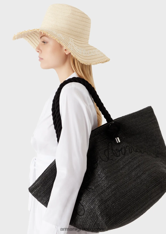 γυναίκες Armani raffia beach shopper bag με κέντημα λογότυπου 4046R6736